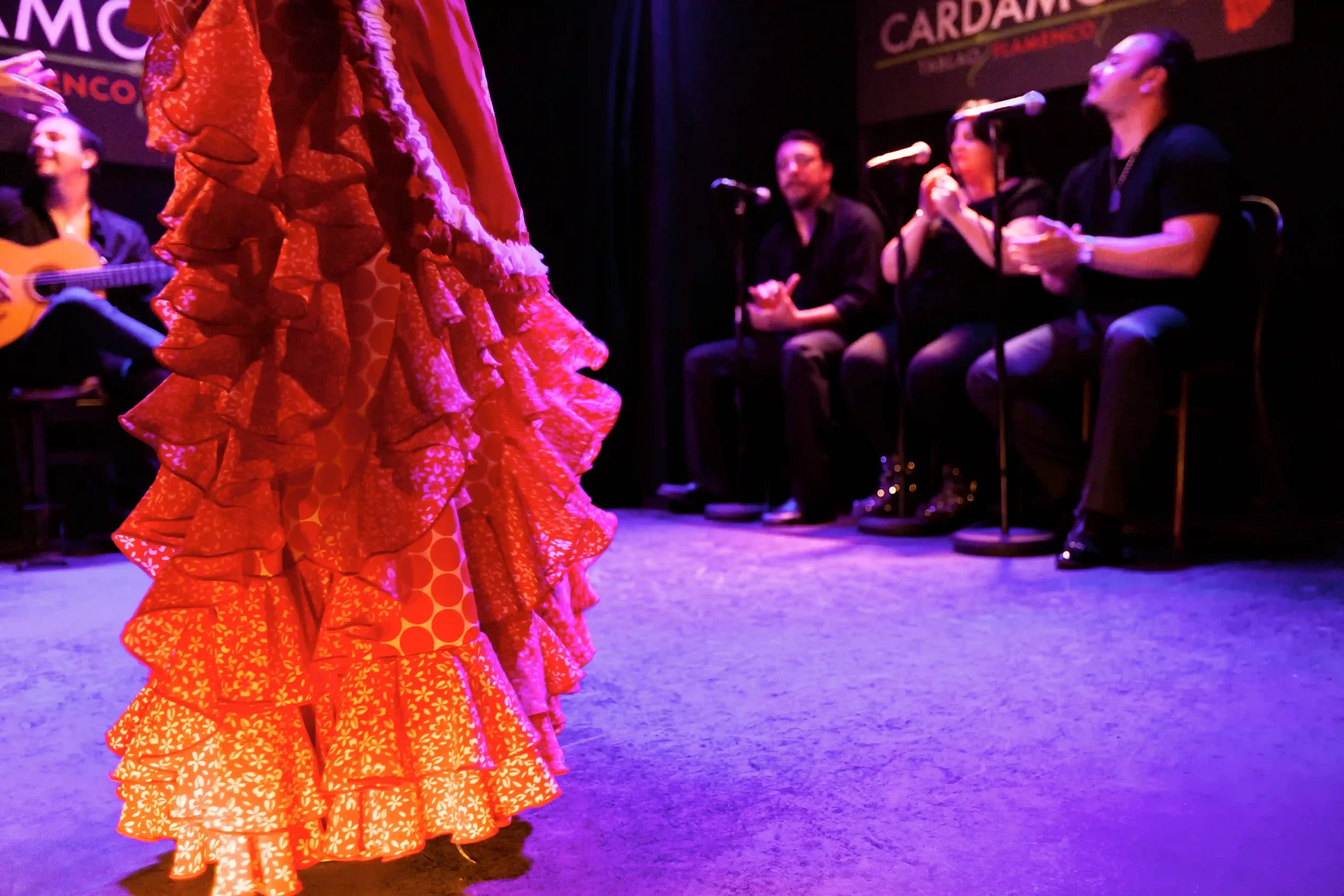 Red ruffled flamenca dress at a live flamenco show at the Cardamomo tablao