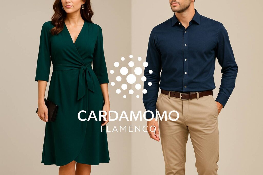 Imagen partida o collage con un look femenino (vestido midi, accesorios) y otro masculino (camisa, chinos y zapatos clásicos).