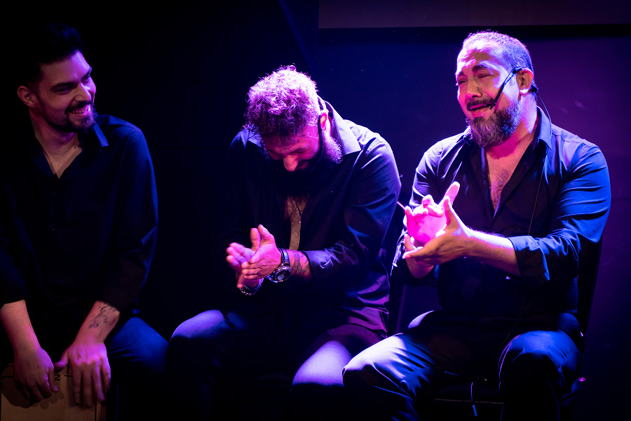 Grupo de 3 hombres tocando las palmas, el cajón y cantando