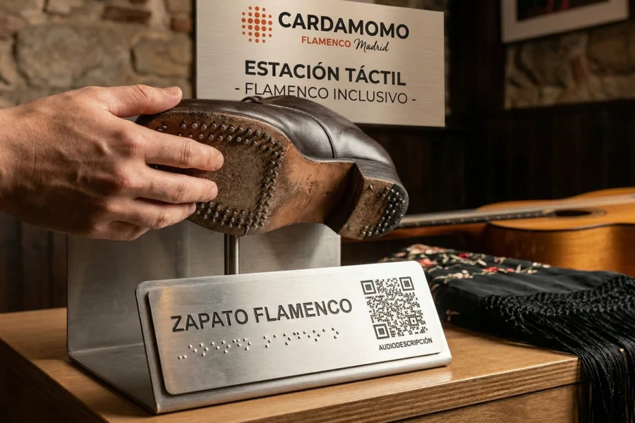 Detalle de la Estación Táctil de Cardamomo Flamenco Madrid: una mano explora la suela de un zapato profesional sobre una placa con señalética en Braille y código QR de audiodescripción.