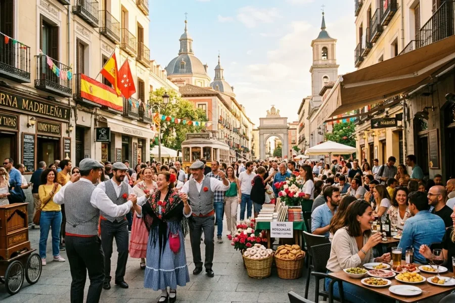 Bailarines de chulapos bailando chotis en una calle de Madrid durante las Fiestas de San Isidro en mayo. La escena muestra una taberna tradicional, una terraza animada, un puesto de rosquillas y tranvía antiguo, con edificios históricos y el Arco de la Victoria al fondo. Una celebración vibrante de la cultura y tradición madrileña en primavera.