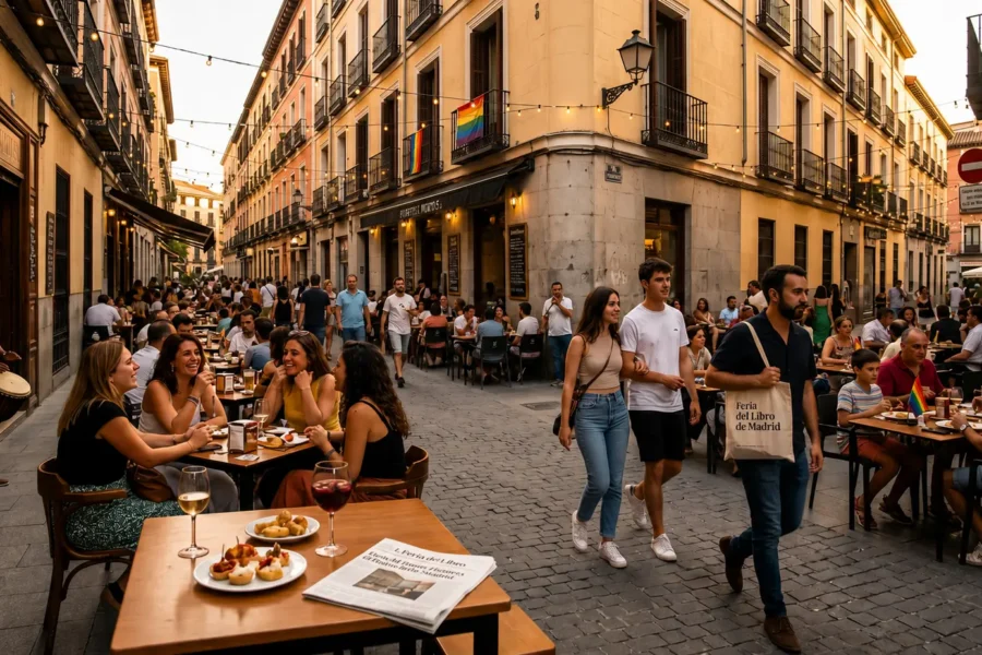 Una fotografía de ángulo ancho de una calle estrecha y animada de Madrid al anochecer. Multitudes diversas llenan las terrazas de los restaurantes y bares al aire libre. En el centro, un hombre con vaqueros y una camisa azul marino camina hacia la cámara sosteniendo una bolsa de tela con un texto que dice "Feria del Libro de Madrid". Otras personas cenan y caminan. Una bandera del arco iris (Orgullo) cuelga de un balcón, y cálidas guirnaldas de luces se extienden por la calle entre los edificios, creando una atmósfera vibrante y social.