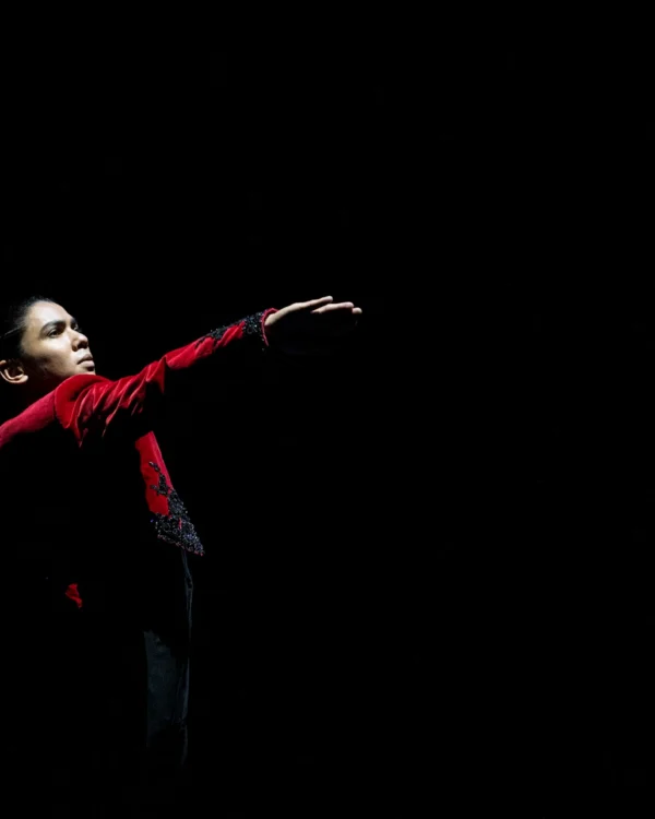 El bailaor de flamenco Gabriel Matías con los brazos extendidos en plena postura de baile