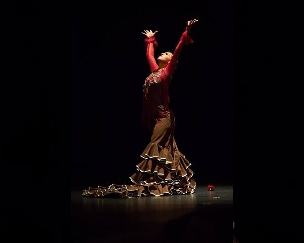 La bailaora de flamenco Marta Meléndez con los brazos alzados durante una actuación de baile